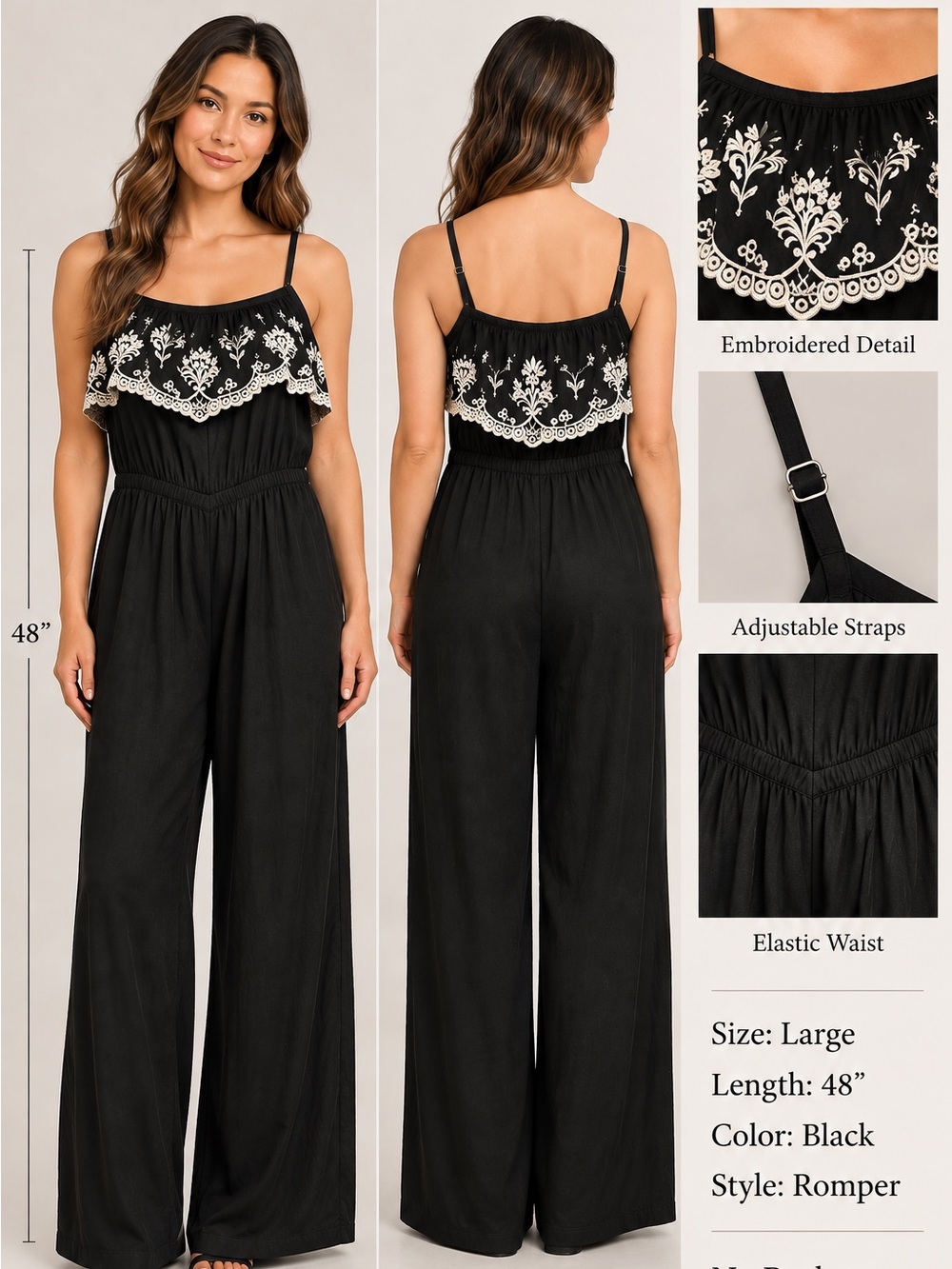 Love Tree Black Jumpsuit romper Embroidered Bodice LARGE pit 17” length 48”